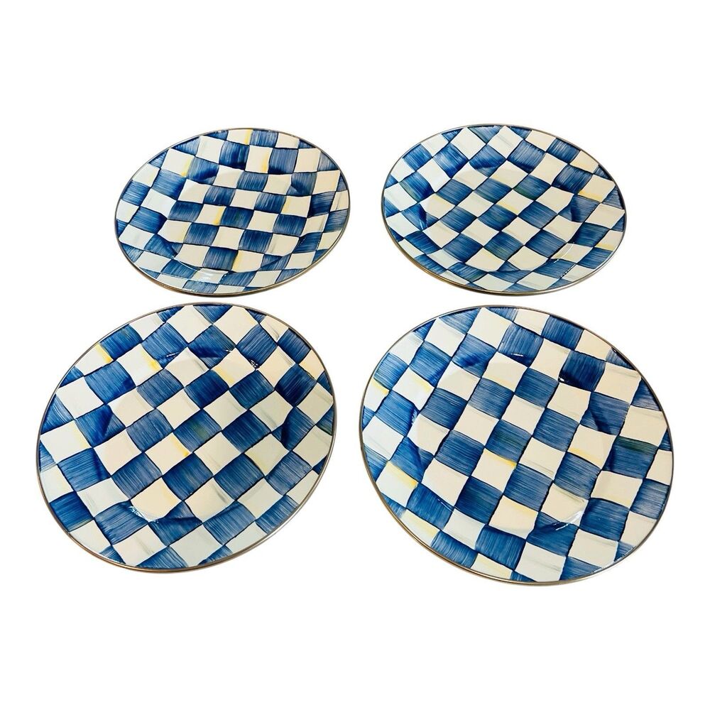 MacKenzie-Childs Royal Check Dinner Plates 10” Enamel Set of 4 Blue White NIB
